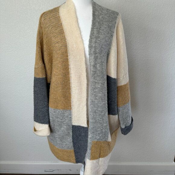 Topshop Colorblock Gray Yellow Cream Open Front Oversized Cardigan Sweater Sz 6 - Picture 1 of 8